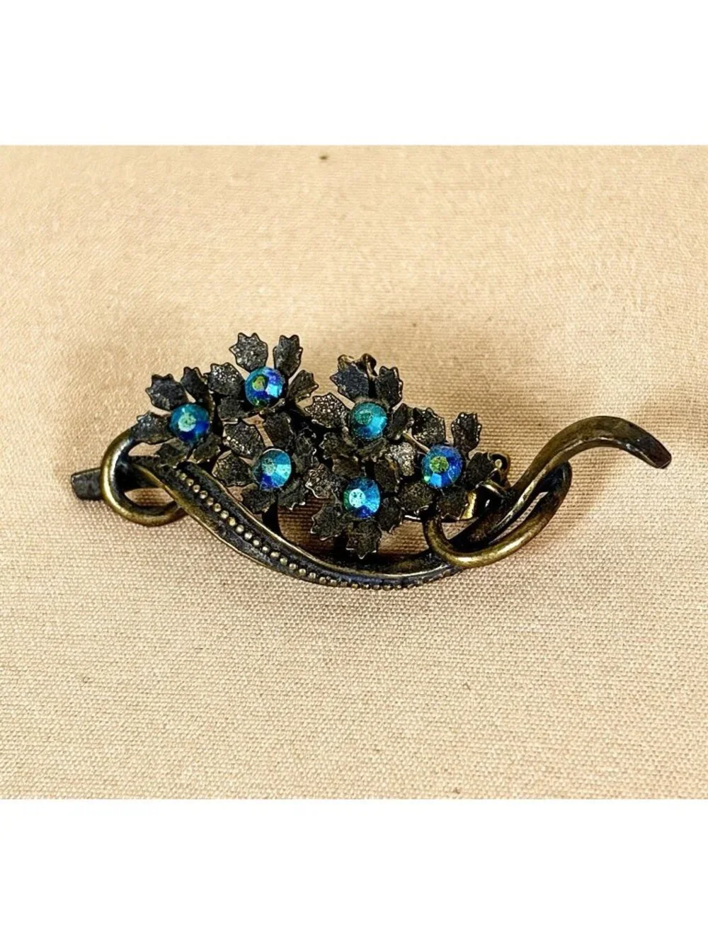 Vintage Art Nouveau Revival Floral Brooch Antique Bronze AB Rhinestone C39